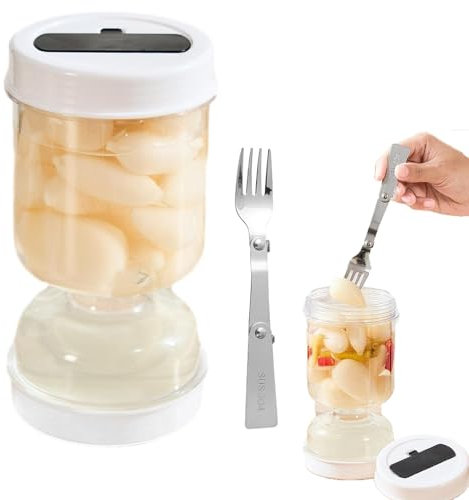 Gurkenglas mit Sieb, Gurkenglas zum Umdrehen Trocken-Nass-Trenn mit Zusammenklappbarer Gabel, Anti-Rutsch Luftdichte Sanduhr Einlegeglas für Speicher Pickles, Olive, Kimchi