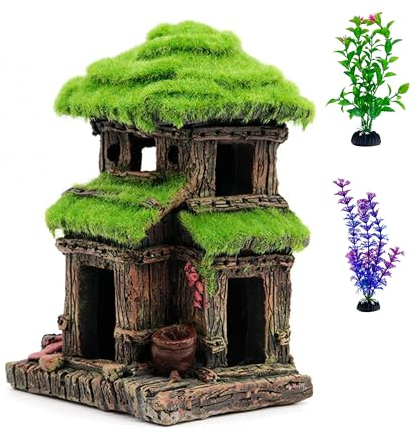 YZHZOM Fischhaus für Aquarium, Haus Dekoration, Garnelen Versteck, Fischversteck Mit Lebensechtem Moos, Deko Mit 2 Stück 10 cm Künstliche Pflanzen