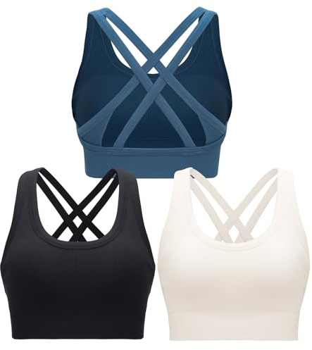 RUNNING GIRL High Impact Sports Bras for Women,Strappy Crisscross Black Sports Bra High Support with Removable Pads(WX3011_Black+White+Dark Blue_M)