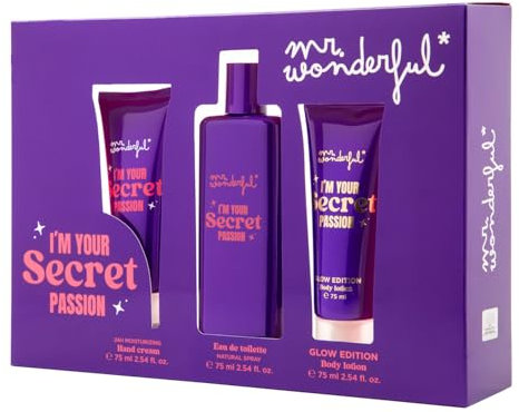 MR WONDERFUL - I'm Your Secret Passion, Estuche de Regalo Mujer, Colonia + Crema Manos + Crema de Cuerpo Glow Edition, Femenina, Aroma Floral Oriental Amaderado