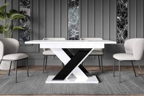 ALTDECOR Esstisch ausziehbar, ideal als Küchentisch, Esszimmertisch - oder Wohnzimmertisch, solide Konstruktion aus Möbelplatte, 140-180x80x75 cm - Weiß Hochglanz/Schwarz Hochglanz - RONX
