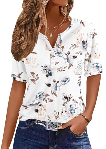 WNEEDU Camisa Mujer Verano Camisetas Manga Corta con Cuello V Henley Tshirt | Blusas Elegantes,Tshirt Cuello con Botones,Básico Top