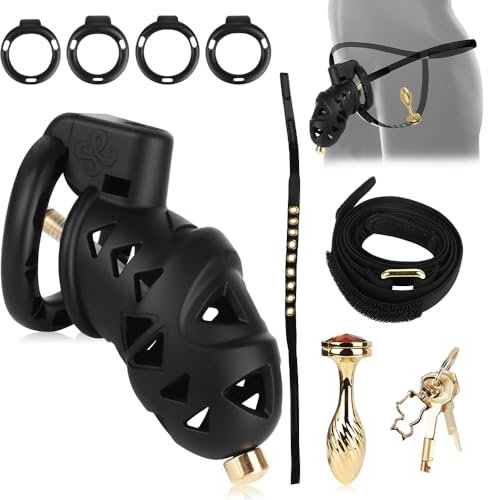 Gabbia Castità per Uomo, Chastity Cage con 4 Anelli, Gabbia per Pene con Sonda, Dilatatore Uretrale, Butt Plug, Giocattoli del Sesso per Gli Uomini, Cintura di Castità Lunga