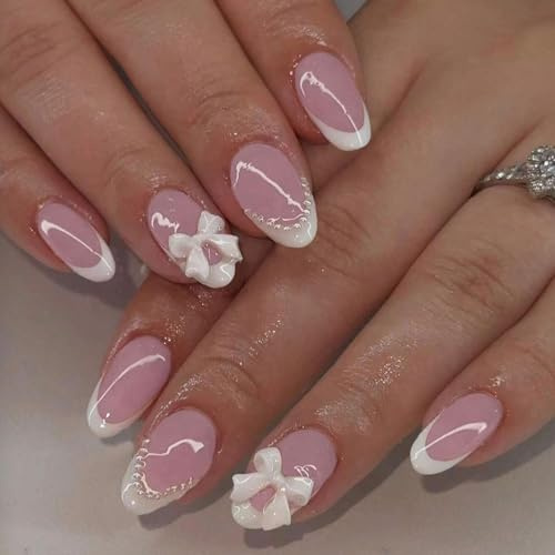 24pcs Short Oval White French Press on Nails with Pearls - Almond False Nail Tips with Glue for Women - Full Cover