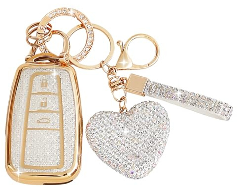 ZVRSUA Autoschlüssel-Hülle mit Diamant-Schlüsselanhänger – Kompatibel mit Toyota Corolla RAV4 Corolla Camry CH-R Yaris Prius，Smart Key，3 Tasten (Silber)