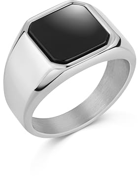 DJADEE Innovative Herren Ring Edelstahl Silber Weißgold beschichtet Onyx Stein schwarz Herrenring Wasserfest Nickelfrei Geschenk für Männer Jungs