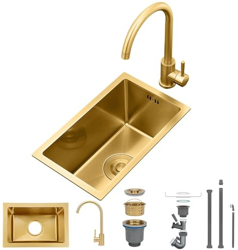 38x26cm Fregadero De Cocina De Acero Inoxidable oro, Un Seno Con Grifo, Instalación Bajo Encimera O Sobre Encimera, Con Sifón Y Filtro De Drenaje, Fácil De Limpiar, Resistente Y Apto Para Cocina, Bar
