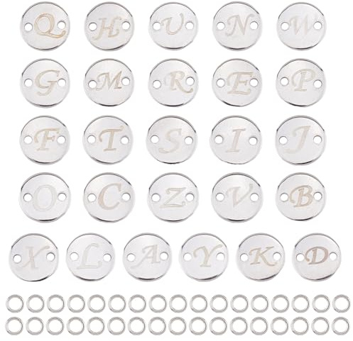 Hobbspring 26 Stück Edelstahl Buchstaben Anhänger 2 Löcher Alphabet Verbindungsanhänger 10mm Flach Rund AZ Buchstabenanhänger Mit Biegeringen Für Schmuckherstellung DIY Bastelbedarf