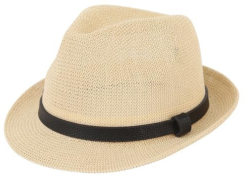 FakeFace Men Fedora Straw Hat Short Brim Panama Jazz Cap Dad's Bucket Hat Trilby Beach Sun Cap Summer Vacation Sunhat (UK, Alpha, One Size, Beige White)