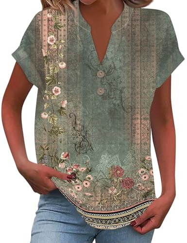 Chambray Shirt Women Linen Shirts for Women Summer Short Sleeve Shirt Cotton Linen Loose Fit Tops Fashion Button Down V Neck Blouse Vacation Lightweight Comfy Clothes Green S