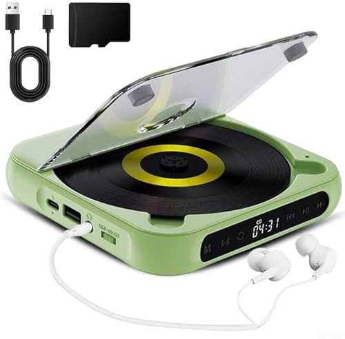 Lecteur CD portable avec batterie rechargeable et son HiFi, design compact pour la maison et les voyages, prend en charge les connexions sans fil et filaires pour la lecture de musique (vert)