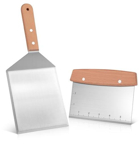 Espátula para parrilla y raspador de plancha, volteador de hamburguesas de acero inoxidable resistente con bordes de corte, plancha plana para panqueques (2 piezas)