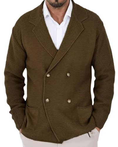 Generisch Manteau en tricot pour homme - Col côtelé - Cardigan à double boutonnage - Couleur unie - Pull chaud - Automne - Hiver - Cardigan en tricot - Pull à manches longues - Pull élégant et