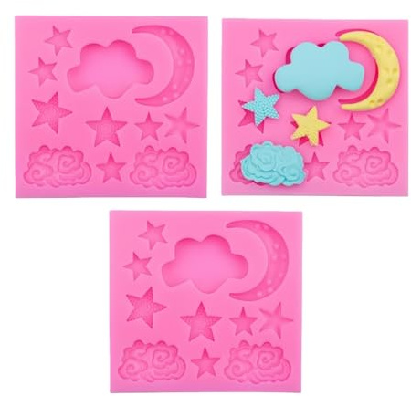 3Pcs Pink Moon and Star Molds Silicone, Cloud Fondant Mold Moon Star Cloud Chocolate Molds for Chocolate Candy Baking Sugar Cakes Decorating Candy Making Supplies