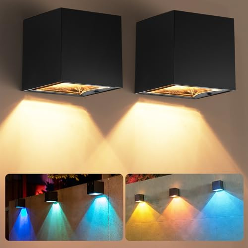 Outdoor Solar Wall Light, 2Pack Solar Fence Lights with Warm White/RGB Modes, Long Working Hours,Outdoor Fence Lights Solar Powered Waterproof Garden Wall Light for Porch,Patio,Backyard,Stair Railings