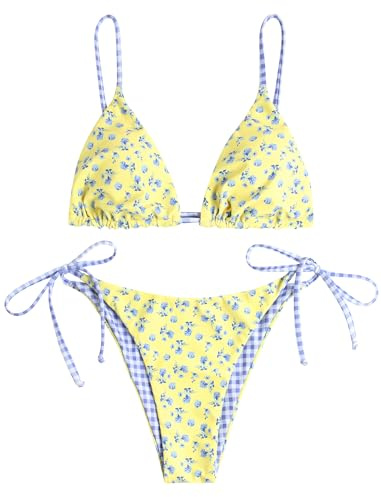 ZAFUL Women's Triangle Bikini Floral String Bikini Set Two Piece Swimsuit Bathing Suits (2-Yellow Blue, S)
