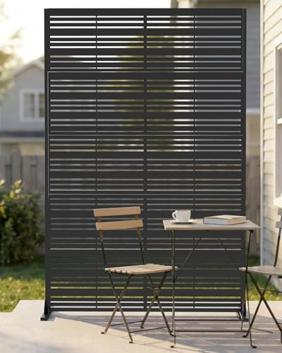 Metallprivatsschirm 183x120 cm, erhöhter Sichtschutzzaun, freistehender Balkonsichtschutz ohne Bohren, wetterfest für Innen Außen Terrasse Garten Veranda (schwarze Lamellenoptik)