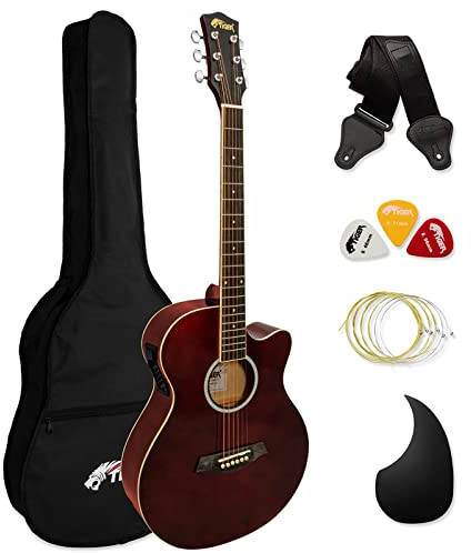 TIGER ACG4-RD Full-Size Elektro-Akustische Gitarre, Paket für Anfänger, mit eingebautem Tuner und EQ - Rot
