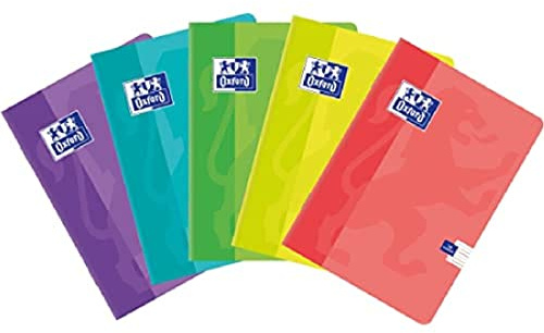 Oxford Touch Schulheft A5 Kladde 16 linierte 5mm Blätter mit Seitenrand, Optik Paper 90 g, weicher laminierter Umschlag, Notizbuch Set für Büro & Schule, 10 Stück-Packung, Farbenmix