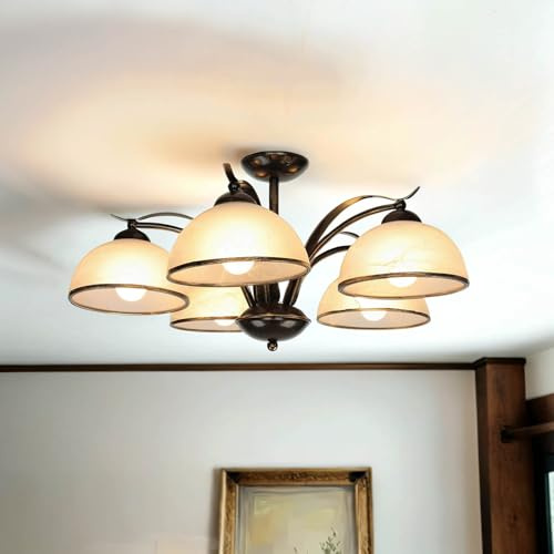 Licht-Erlebnisse Deckenleuchte Glas Metall in Messing Antik Weiß Esstisch Wohnzimmer B:64 cm E27 wohnlich blendarme Landhaus Deckenlampe Küche KORFU