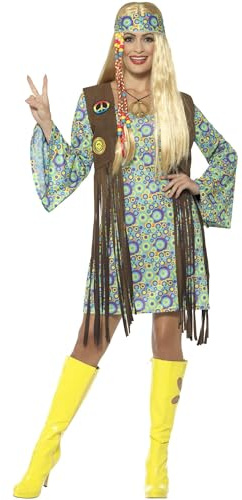 Smiffys 60s Hippie Chick Costume, with Dress, Multi-Colour Attached Waistcoat, Medallion & Headband, 1960's Groovy Fancy Dress, Adult Dress Up Costumes