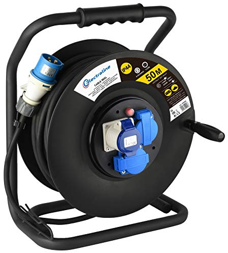 Electraline 49058, Kabeltrommel Industriel H07 RN-F 3G1,5 50 m Kabel - IP44 Outdoor/Kabelrolle mit Gummiverlängerung, 2 Industrie-Kaltgerätesteckdosen 3-poliger Stecker geeignet + 1 Schuko-Steckdose