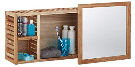 Relaxdays 2 TLG. Badregal Set Walnuss, Wandregal mit 5 Fächern, Badezimmerschrank mit Spiegel, Holzschrank, Natur, geöltes Holz | Badezimmerschrank mit Spiegel, Holzschrank