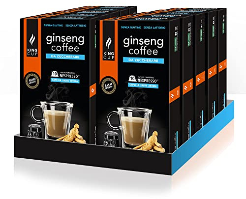 King Cup - 10 Paquets de 10 Capsules de Ginseng Sans Sucre, 100 Capsules 100% Compatible avec le Système Nespresso de Boisson Aromatisée Ginseng, Sans Gluten et Sans Lactose