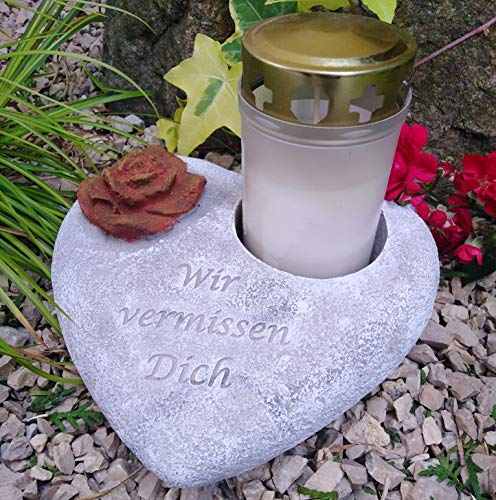 Grabherz mit Rose in Rost Optik Grabengel Spruch - Wir vermissen Dich - Grabschmuck Grabdeko Trauerherz für Grablicht ca. 2 kg schwer