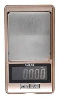 Taylor Pro Precision Küchenwaage, 0,01 g Präzision, Tarierungsfunktion, Geschenkbox, Kompakt, Kunststoff/Edelstahl, Roségold, Gewichte bis 500g/16oz, rose gold
