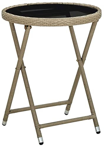 vidaXL Beistelltisch Gartentisch Balkontisch Tisch Gartenmöbel Kaffeetisch Loungetisch Couchtisch Klapptisch Beige 60cm Poly Rattan Hartglas