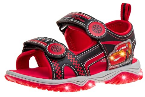 Disney Pixar Cars LED Light up Sandals for Kids Boys - Lightning McQueen Slides Adjustable Strap Open Toe Water Shoes - Black Red (size 8 Toddler)