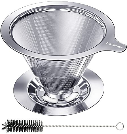 Hanlomele Pour Over Coffee Dripper, Paperless Reusable Coffee Filter, Pour Over Coffee Maker for Single Cup Brew, Double Mesh Design of Stainless Steel Cone Filter for Perfect Extraction (1-4 Cup)