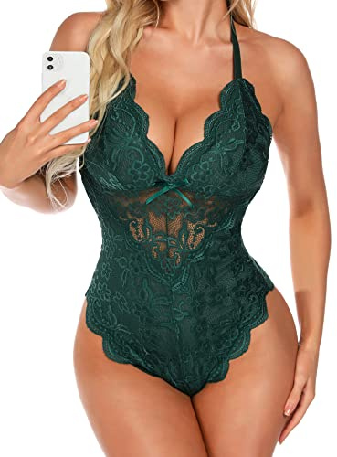 Aranmei Body sexy pour femme - Nuisette coquine en tissu pelucheux et en dentelle - boutons-pression à l’entrejambe, vert foncé, M