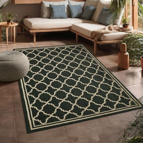 VIMODA Teppich In- und Outdoor Flachgewebe Terrasse Balkon Wetterfest Wintergarten Robust Marokkanisch geprägtes Design,Maße:Ø 160 cm Rund;Farbe:Beige-Black