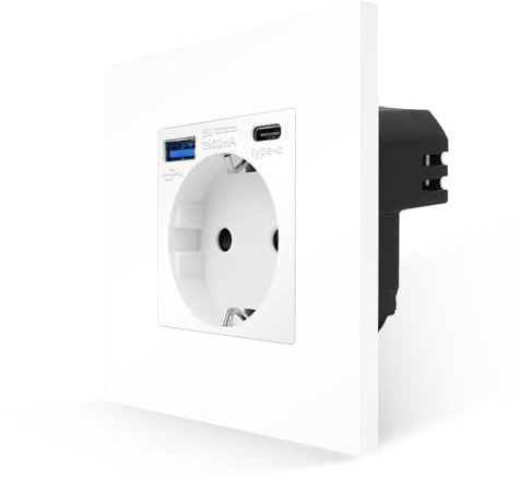 Luxus-Time Schuko Einbau Steckdose + USB 2-fach Typ A/C Netzteil Ladegerät 20W Mehrfachstecker UP Ladestecker weiß mit Kunststoffrahmen MP010U-BK1-11