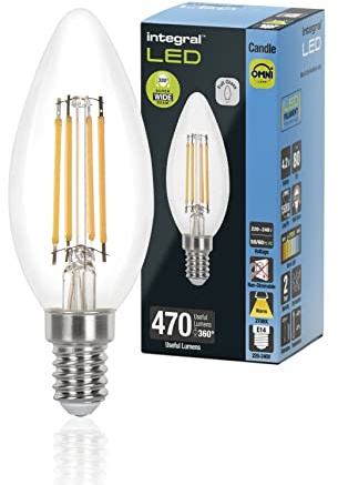 Integral LED 4 PACK E14 Omni-filament Chaud 2700K, 470LM, 4.2W (équivalent à 40W) Ampoule à bougie non dimmable - Efficace en énergie et idéale pour les lampes et les lustres dans les salons