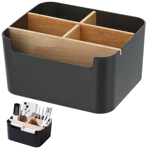 Schreibtisch Organizer, 5 Fächer Bambus Büro Organizer mit Stifthalter | Stiftebox Schreibtisch, Stiftehalter, Aufbewahrungsbox Desk Organizer für Stifte, Kosmetika,Kleine GegenstäNde (Schwarz)