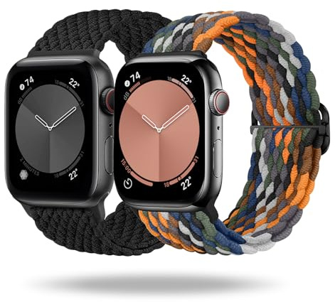 MATCHEASY Stretchy Braided Straps Compatible with Apple Watch Strap 42mm 44mm 45mm 46mm 49mm for Women men, Adjustable Sport Nylon Straps Replacement for iWatch Series SE/11/10/9/8/7/6/5/4/3, 2 packs