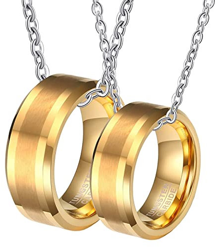BCughia Partnerketten mit Gravur, Personalisierte Halskette Gold Kette Personalisiert 8 mm Goldfarbener, Gebürsteter Ring mit Abgeschrägter Kante Halskette
