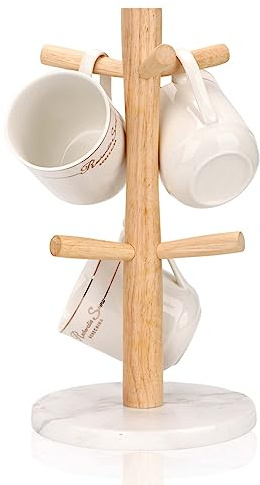 WORHE Mug Holder Marble Base with 6 Hooks Coffee Cup Rack Organizer for Countertop, Round Mugs Stand Hanger for Kitchen Counter Cabinet Bar Accessories and Home Decor White (MH001)