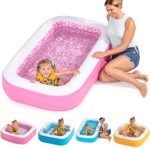 3-in-1 Premium Inflatable Kiddie Pool, Ball Pit & Tanning Pool, Soft Cushioned Floor, Handles, Drain, Shallow Rectangular Blow Up Swimming Pool for Kids, Small Backyard Tanning Pool - 65x39x10