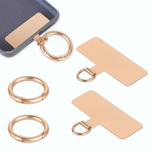 2pcs Phone Tether Tag, Metal Phone Strap Tether Tab/Patch/Pad with Spring Ring Lanyard Label Replacement Without Adhesive for Cell Phone (Gold)