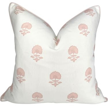 Jillien Harbor “The Lauderdale” Floral Block Print Pillow Cover – Blush Pink and Off-White Decorative Throw Pillow Cover – Grandmillennial Home Decor, 20 x 20