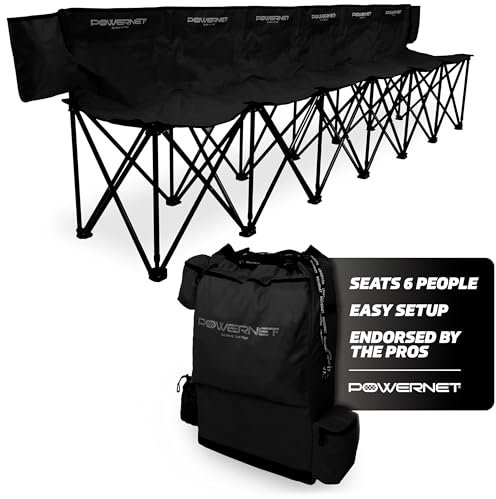 PowerNet 6-Sitzer-Team-Bank, Klappstuhl, tragbarer Stuhl für Fußball, Basketball, Fußballmannschaften, Faltbare Bank mit Rucksack-Tragetasche (schwarz)