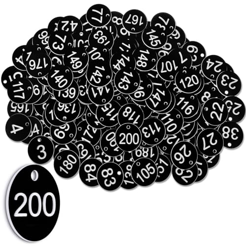 Tenare 1-200 Numeri da Tavolo in Plastica Etichette Numeriche Etichette Identificative Piccole Impermeabili con Foro per Spogliatoi, Hotel, Scuole, Ristoranti, Senza Portachiavi(Nero,200)