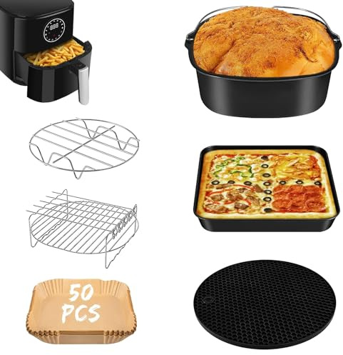 Air Fryer Zubehör Set, 6 StÜCk Inkl. Quadratischer Kucheneimer/Pizzablech/Metallhalter/Luftfritteuse Papiereinlagen/Silikonmatte/KÜChenzange,Passend FÜR Cosori Turboblaze Airfryer Heißluftfritteuse