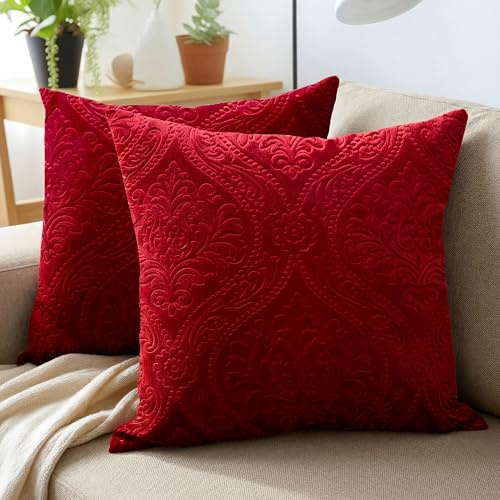Encasa XO Samt Kissenbezug, ohne Füllung 40x40 cm Red | Geprägtes Damast-Muster | Weicher Plüsch-Samt | Verdeckter Reißverschluss | Langlebig & Waschbar | 2er-Set