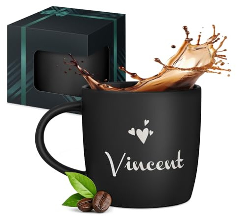 Maverton Keramik Kaffeetasse 400ml mit Gravur - personalisierter Kaffeebecher aus Matt Keramik mit Henkel - Trinkbecher für Männer zum Geburtstag zu Weihnachten - matt schwarz - Innen schwarz - Herz