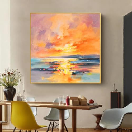 HIPWST Pintura al óleo abstracta de puesta de sol sobre lienzo, cuadro moderno para pared, pintado a mano, para decoración de sala de estar, regalo, 70 x 70 cm, sin marco